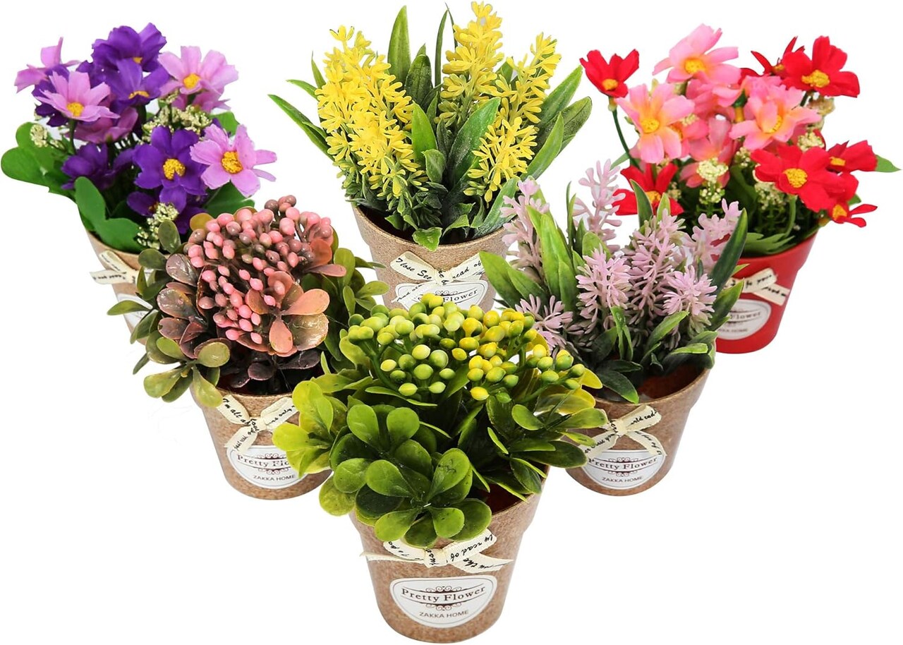 Set of 6 Potted Artificial Flowers – Faux Floral Spring Decor